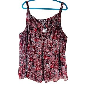 Avenue Paisley Crepe Top 26 28 Red Black Sleeveless Ruffle Tank Sheer